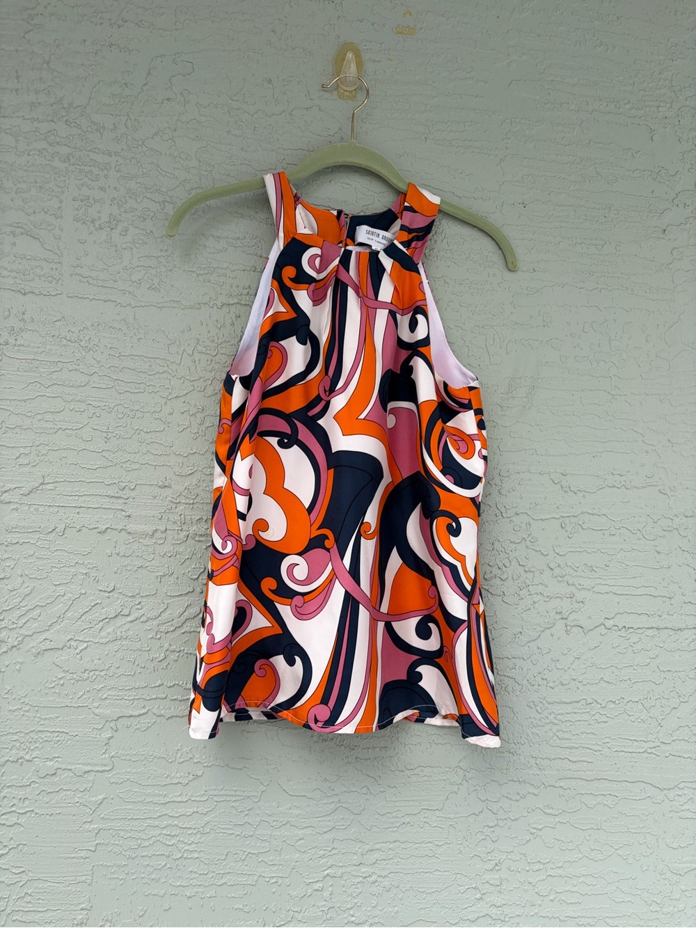 Skirtin Around Retro Swirl Halter Top - Orange Pink Navy 100% Silk